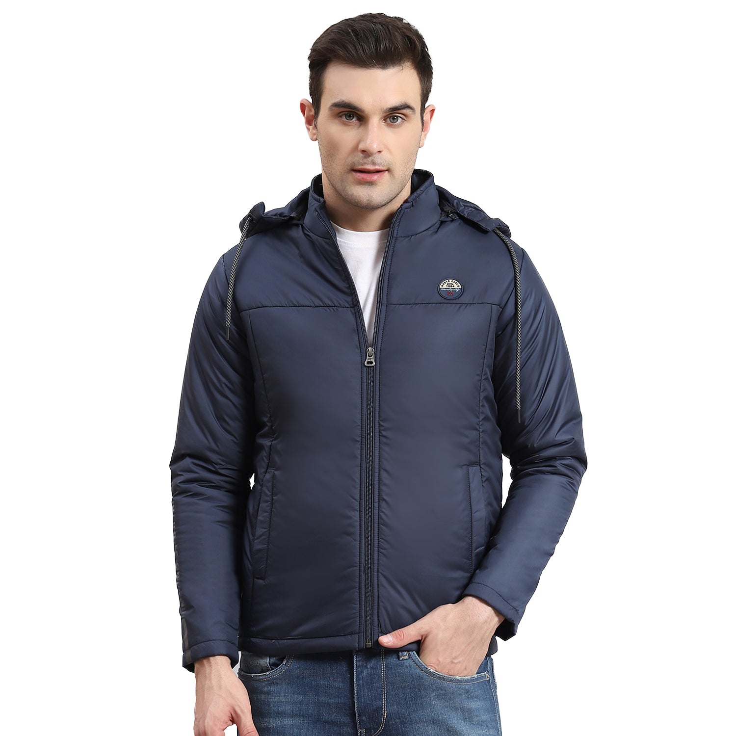 Men Navy Blue Solid Hooded Full Sleeve Jacket
