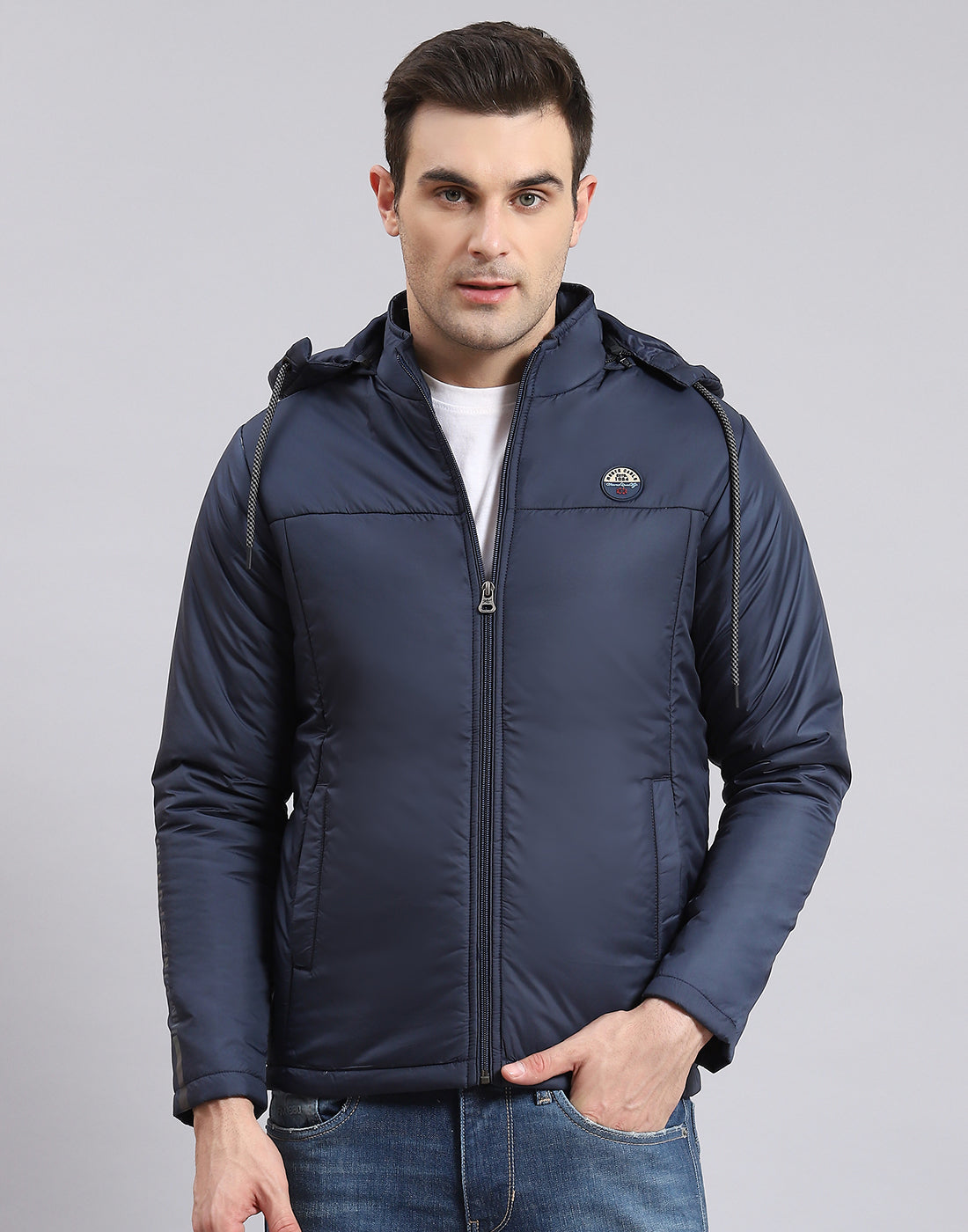 Men Navy Blue Solid Hooded Full Sleeve Jacket
