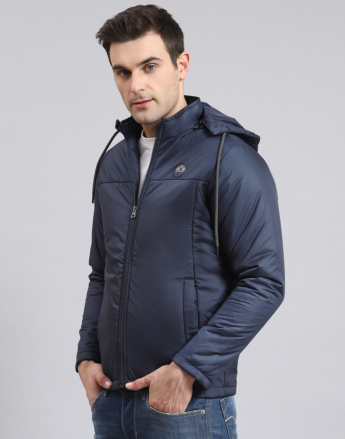 Men Navy Blue Solid Hooded Full Sleeve Jacket