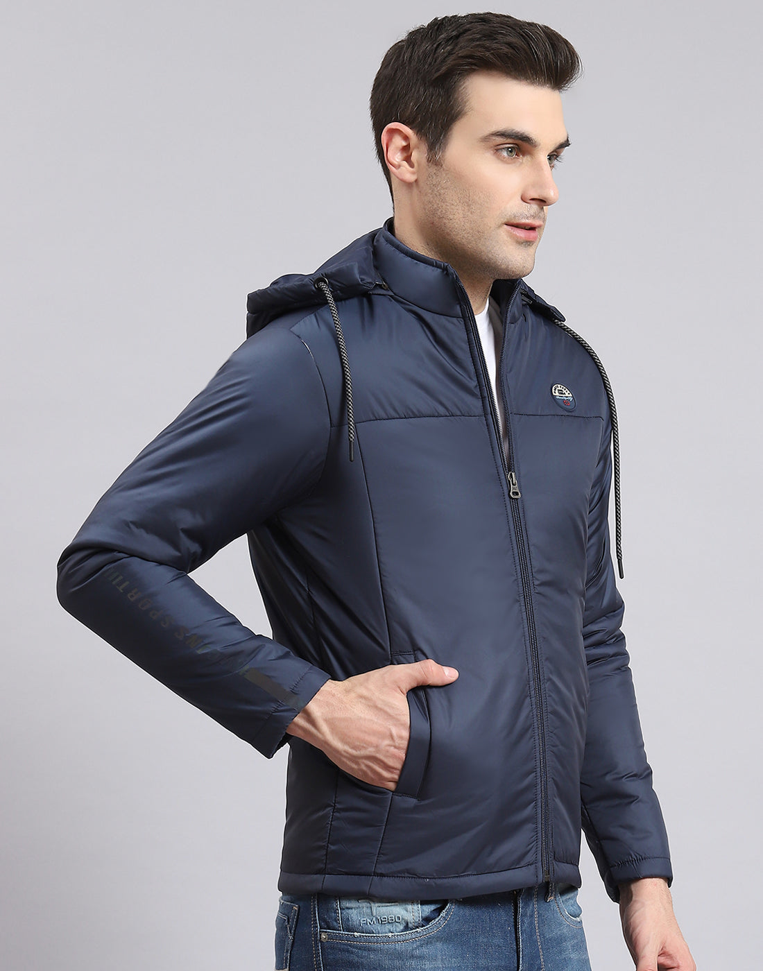 Men Navy Blue Solid Hooded Full Sleeve Jacket
