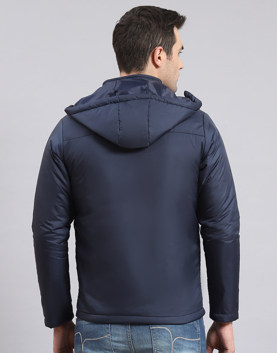 Men Navy Blue Solid Hooded Full Sleeve Jacket