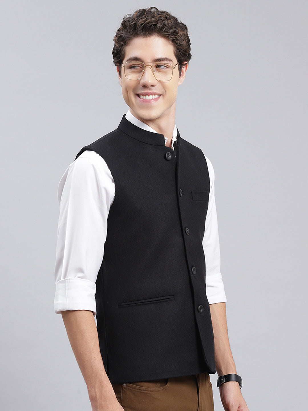 Men Black Solid Wool blend Coat