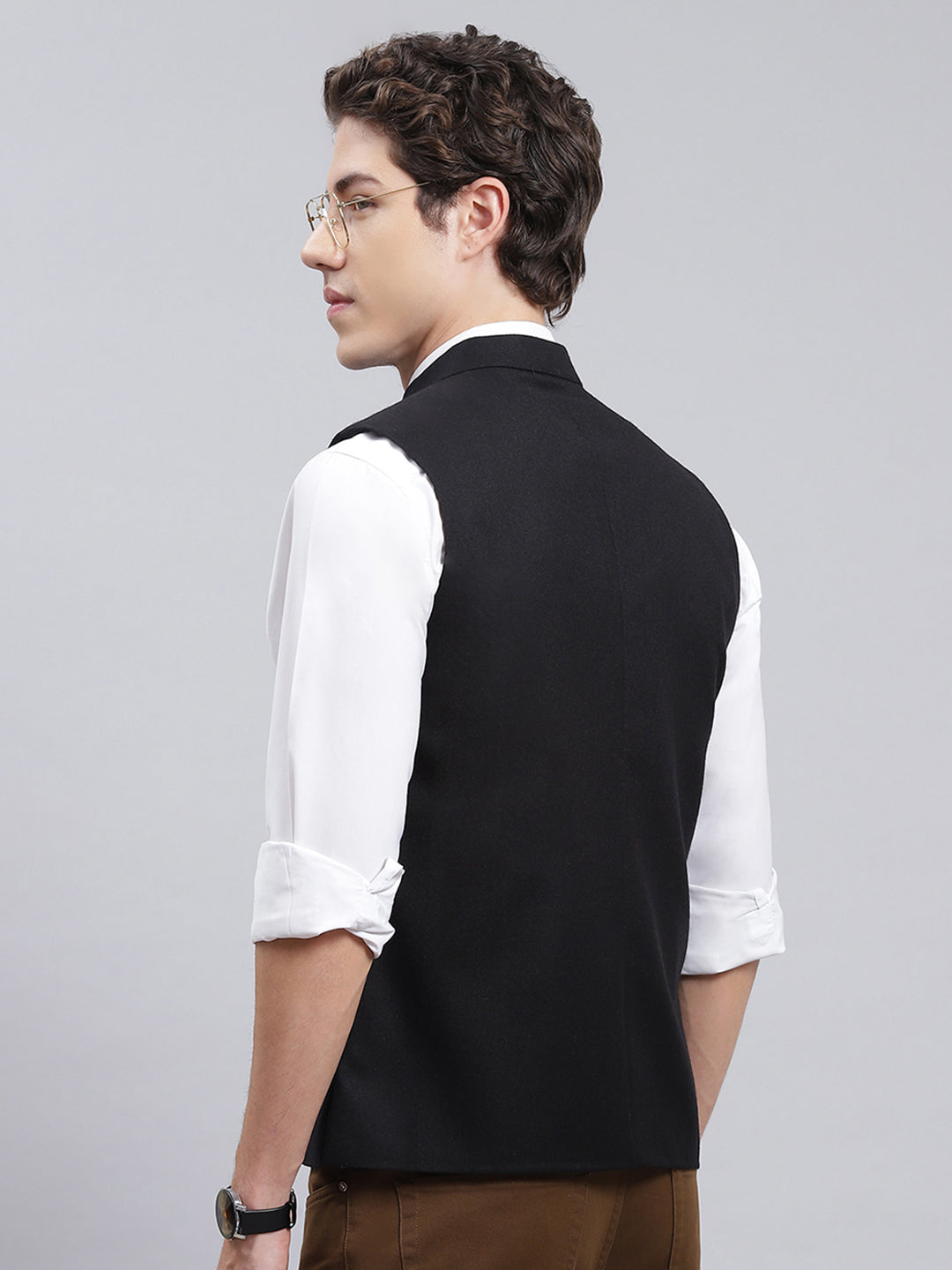 Men Black Solid Wool blend Coat