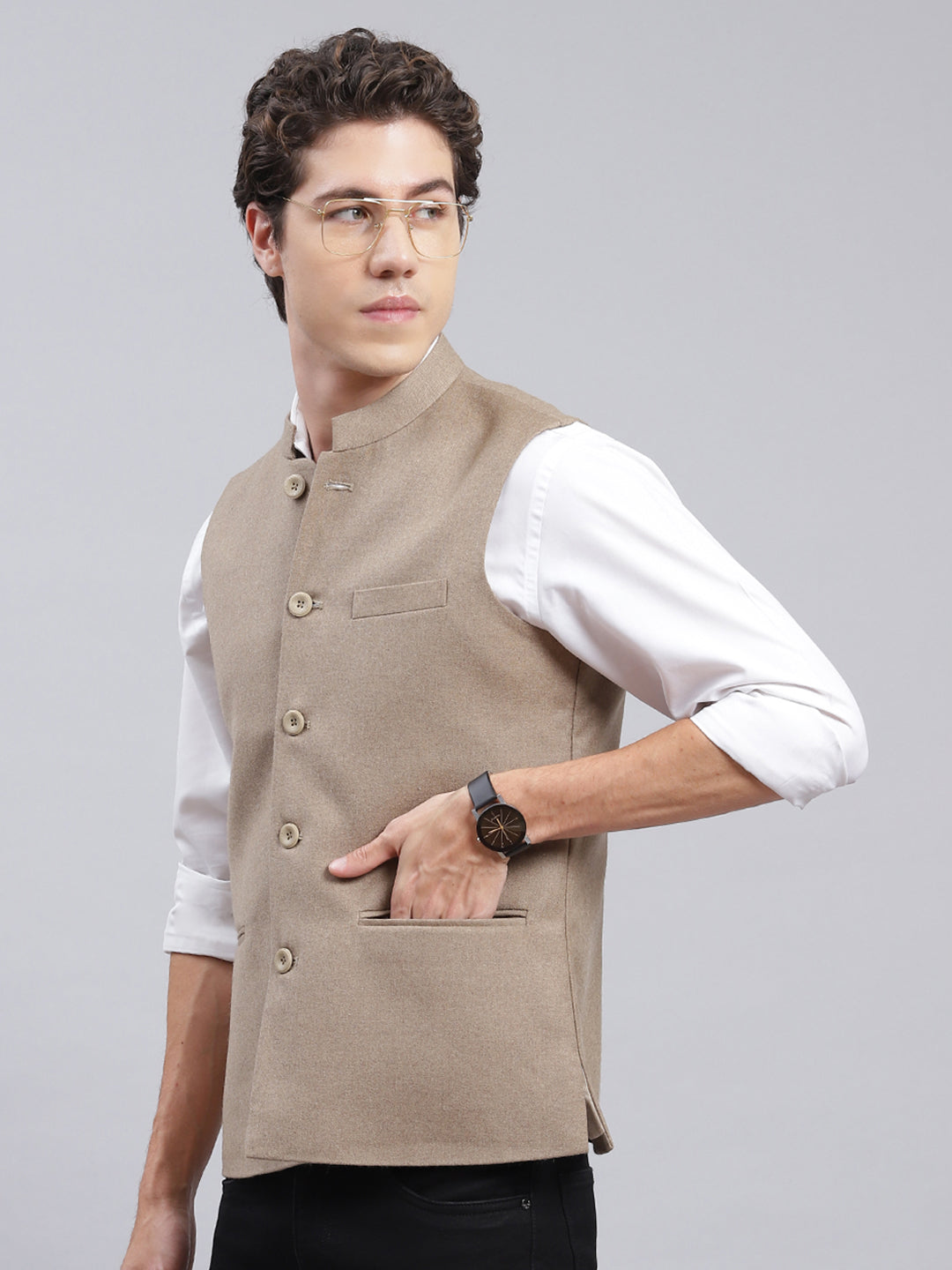 Men Beige Solid Wool blend Coat