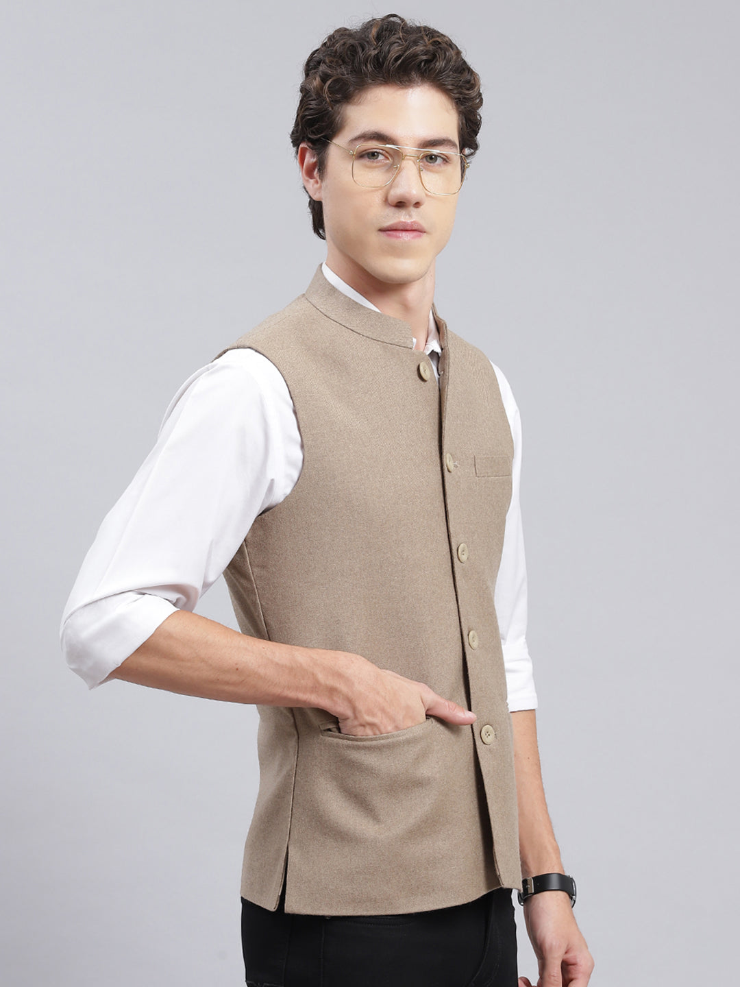 Men Beige Solid Wool blend Coat