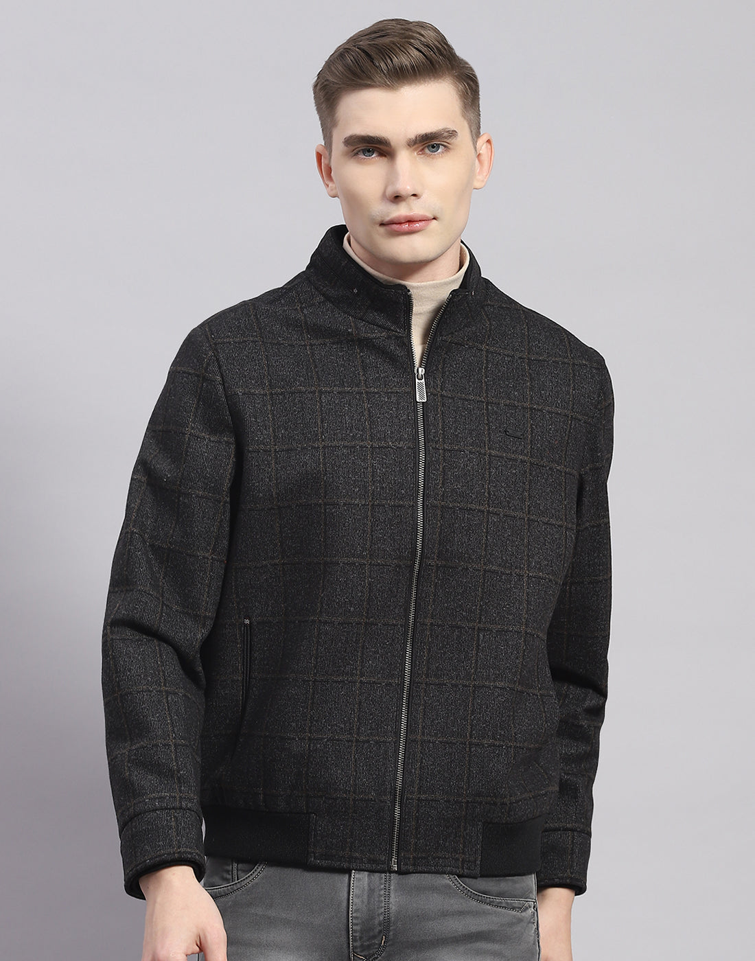 Men Brown Check Stand Collar Full Sleeve Jacket