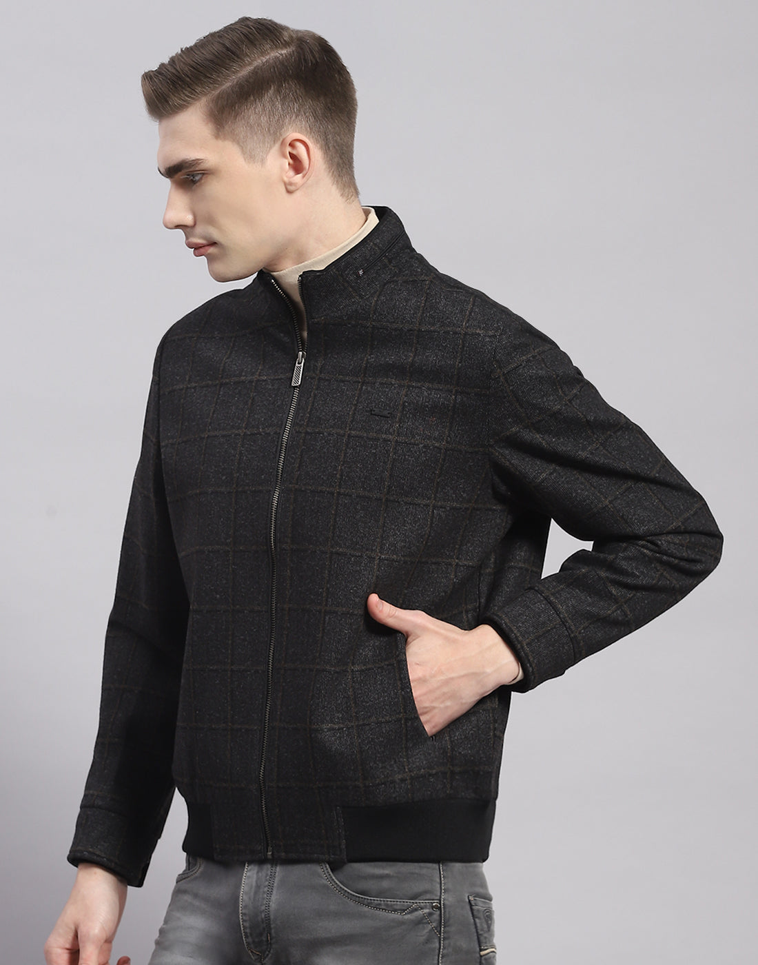 Men Brown Check Stand Collar Full Sleeve Jacket