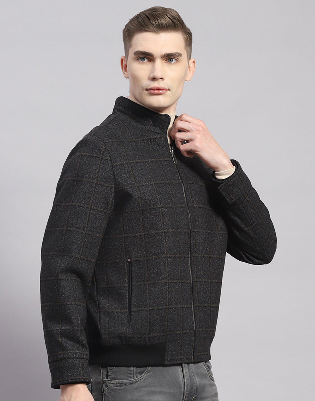 Men Brown Check Stand Collar Full Sleeve Jacket