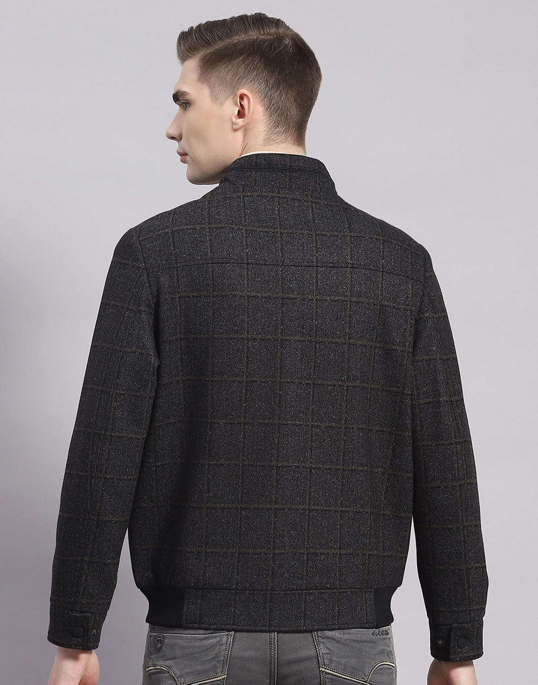 Men Brown Check Stand Collar Full Sleeve Jacket