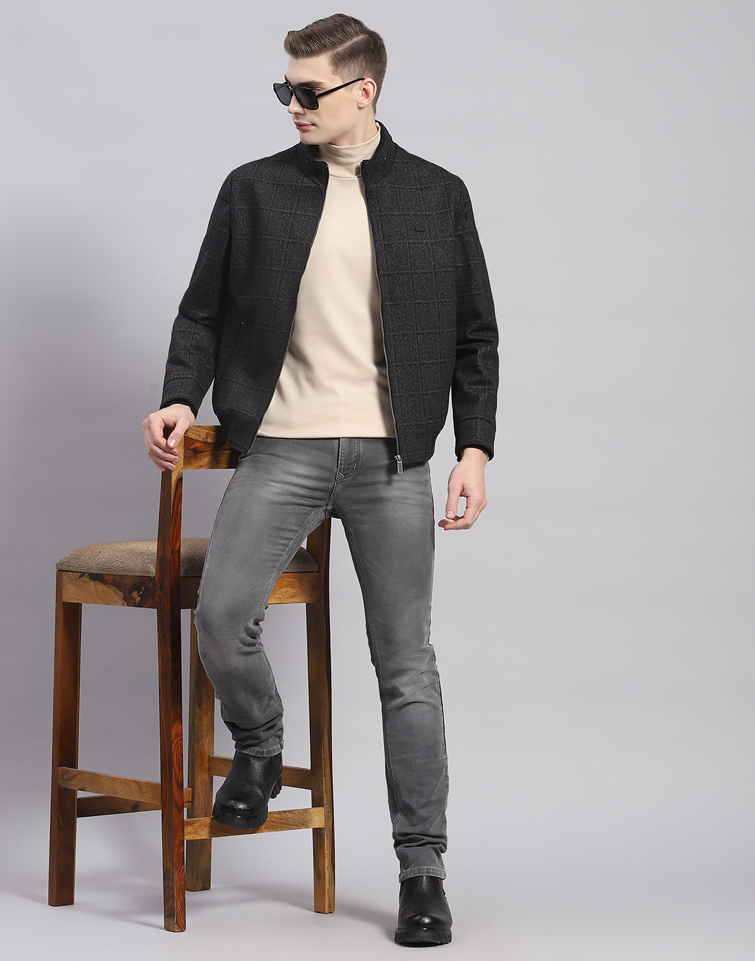 Men Brown Check Stand Collar Full Sleeve Jacket