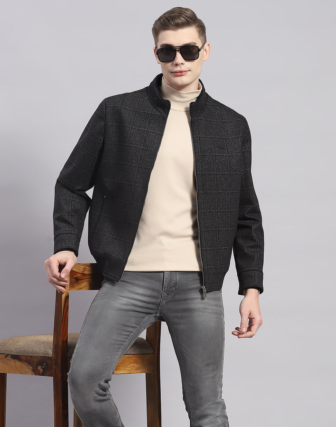 Men Brown Check Stand Collar Full Sleeve Jacket