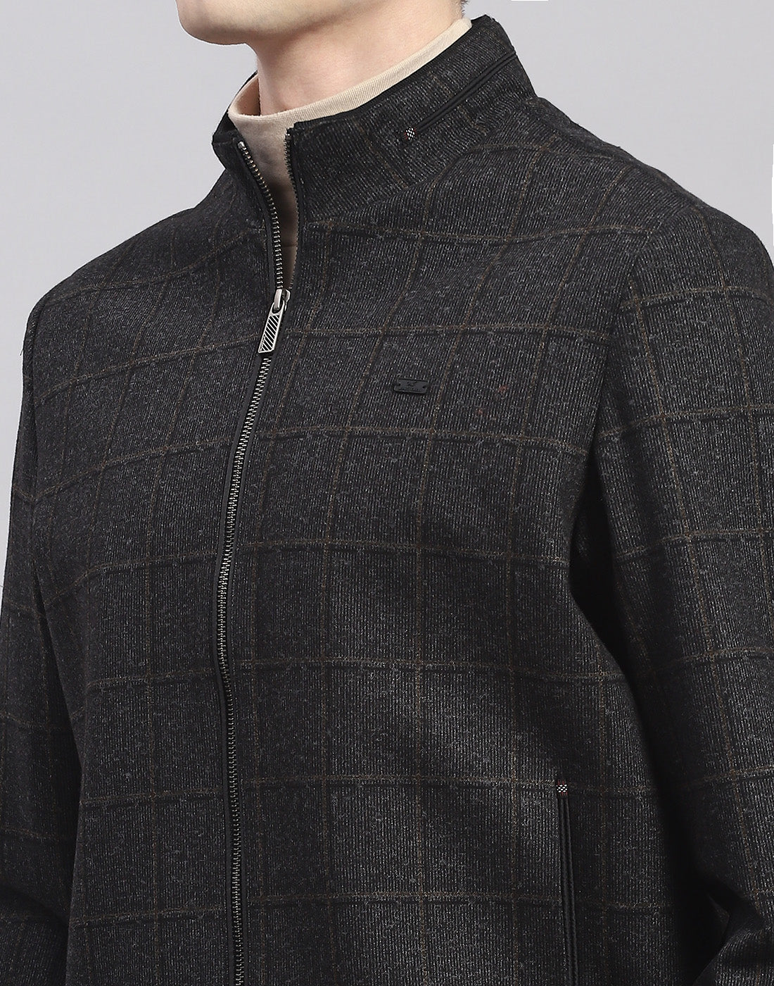 Men Brown Check Stand Collar Full Sleeve Jacket