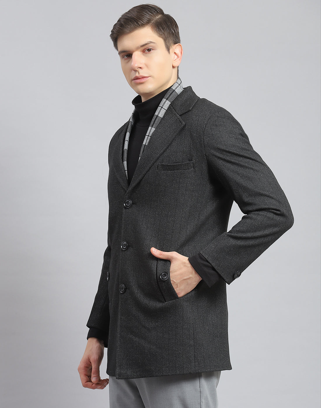 Men Grey Self Design Lapel Collar Full Sleeve Coat