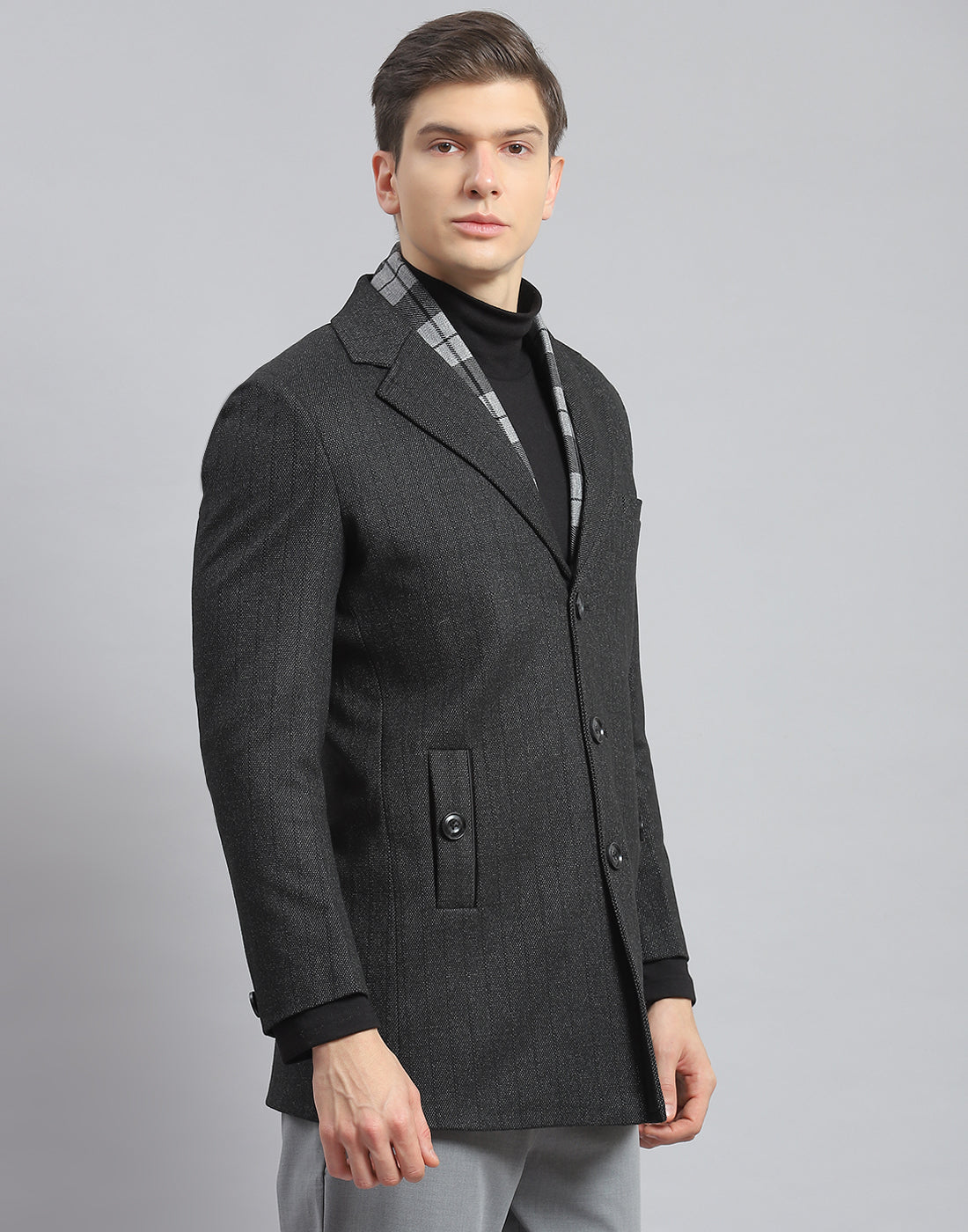 Men Grey Self Design Lapel Collar Full Sleeve Coat