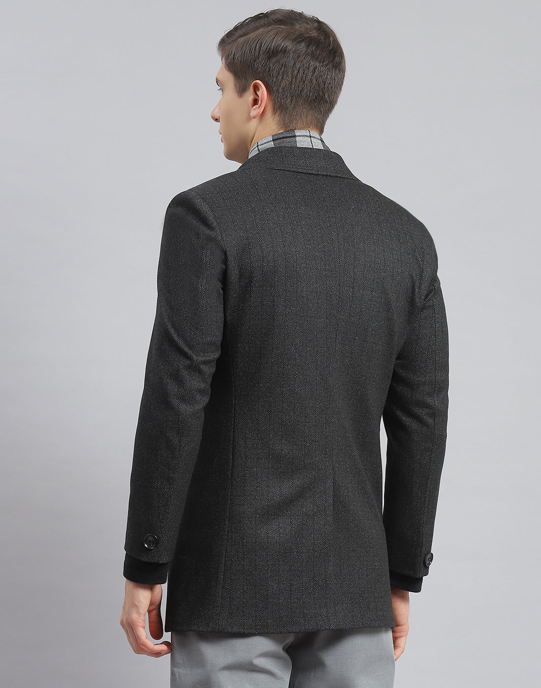 Men Grey Self Design Lapel Collar Full Sleeve Coat