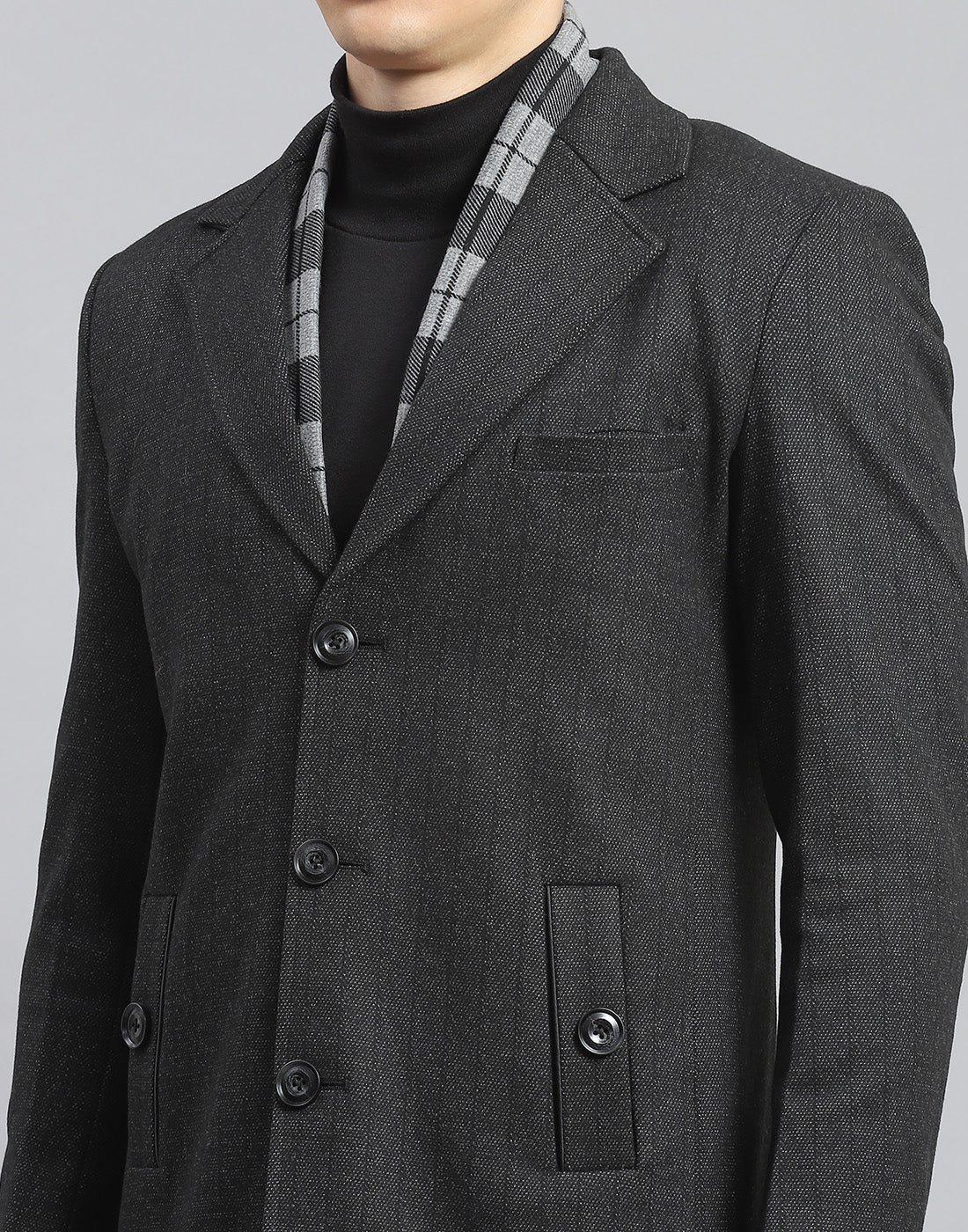 Men Grey Self Design Lapel Collar Full Sleeve Coat