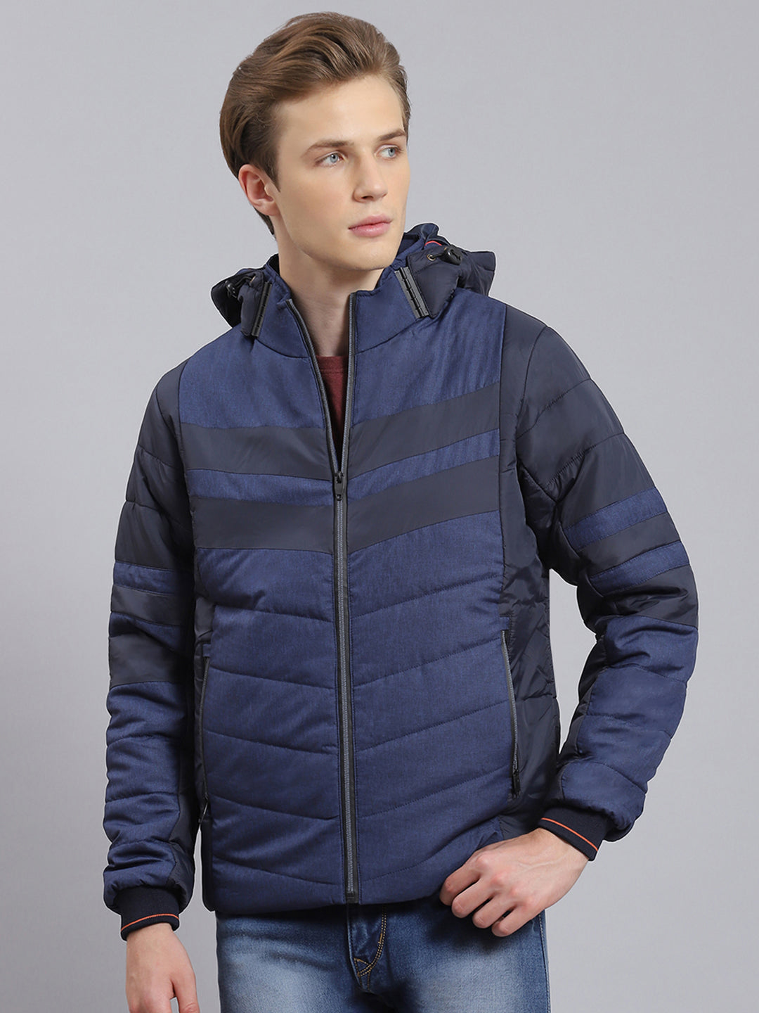 Men Blue Solid Hooded Full Sleeve Jacket