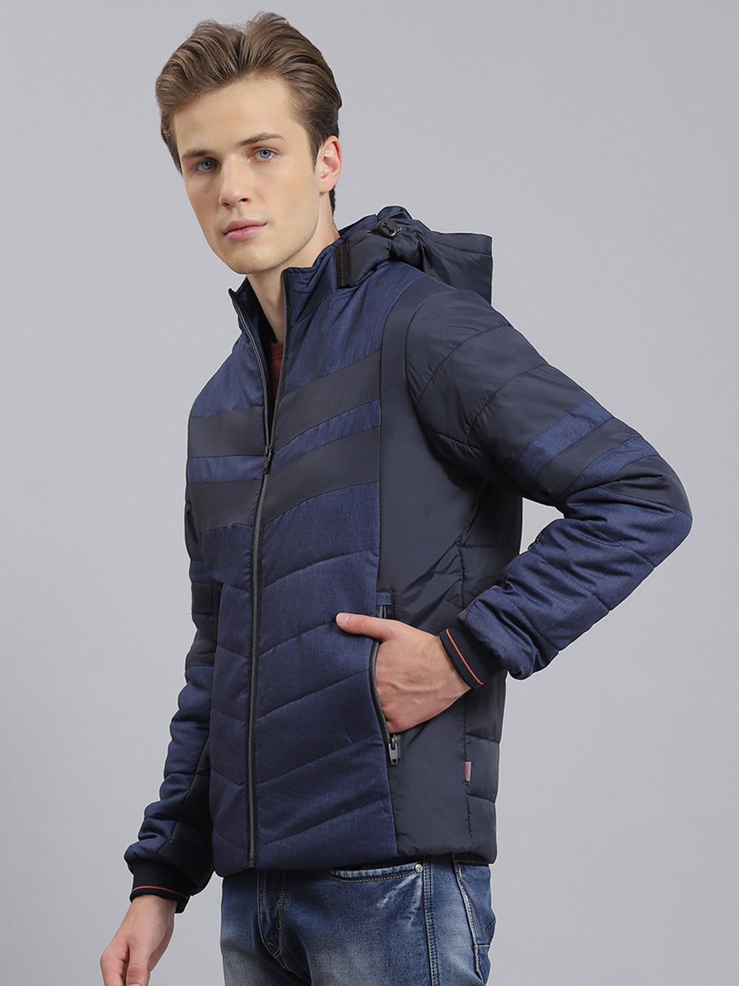 Men Blue Solid Hooded Full Sleeve Jacket
