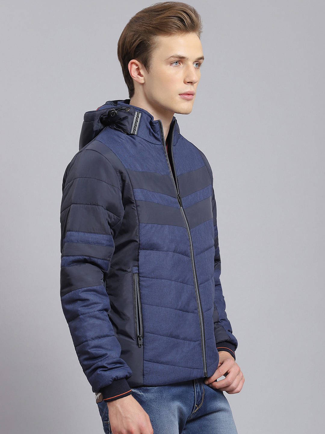 Men Blue Solid Hooded Full Sleeve Jacket