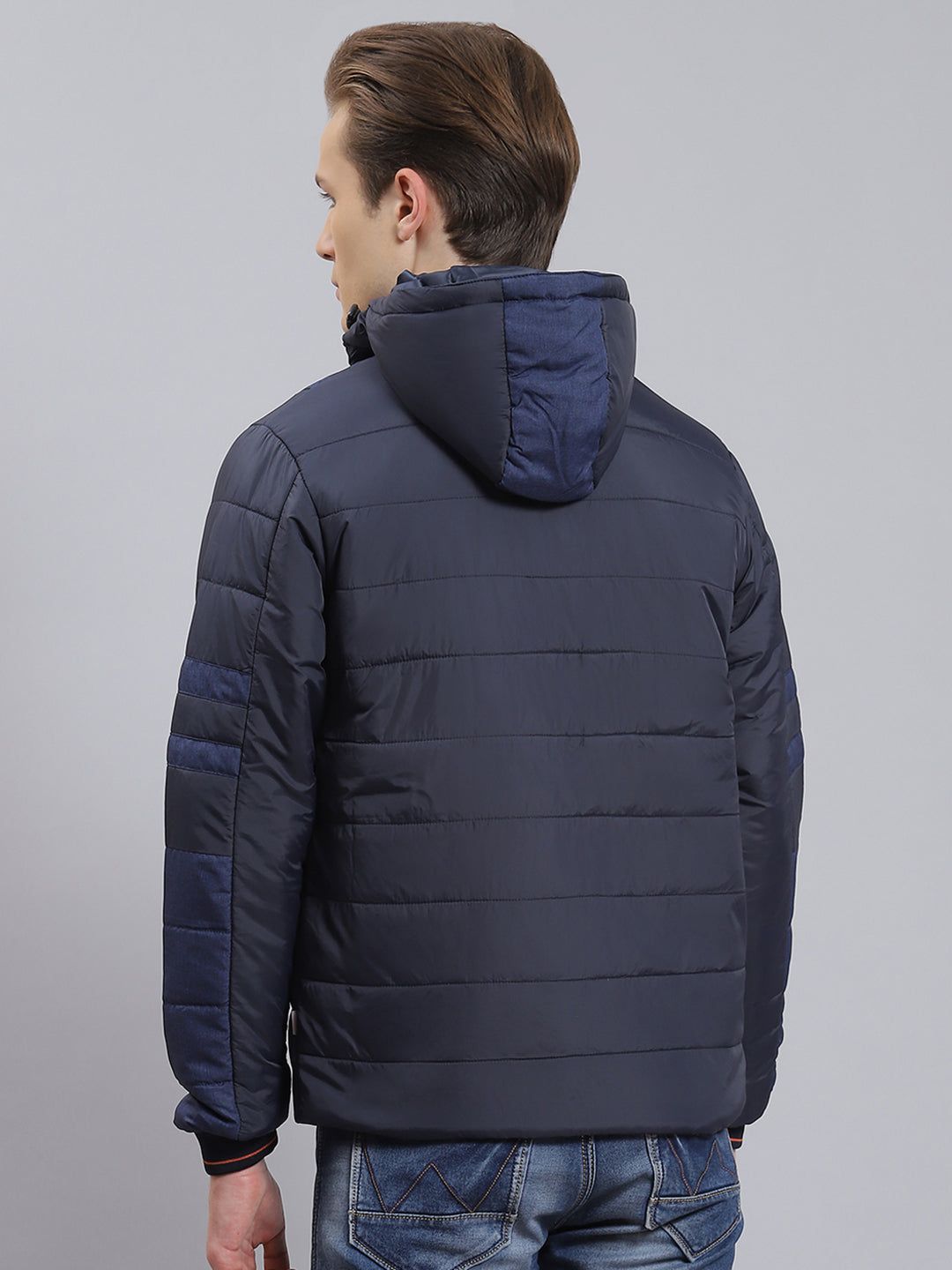 Men Blue Solid Hooded Full Sleeve Jacket