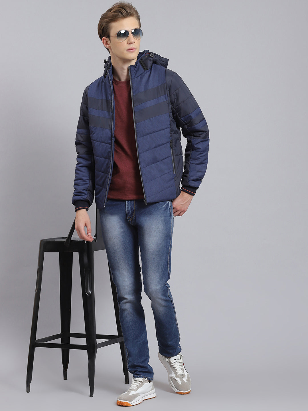 Men Blue Solid Hooded Full Sleeve Jacket