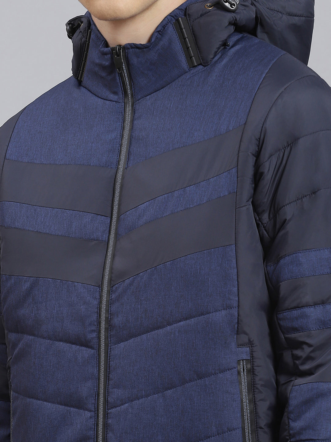 Men Blue Solid Hooded Full Sleeve Jacket