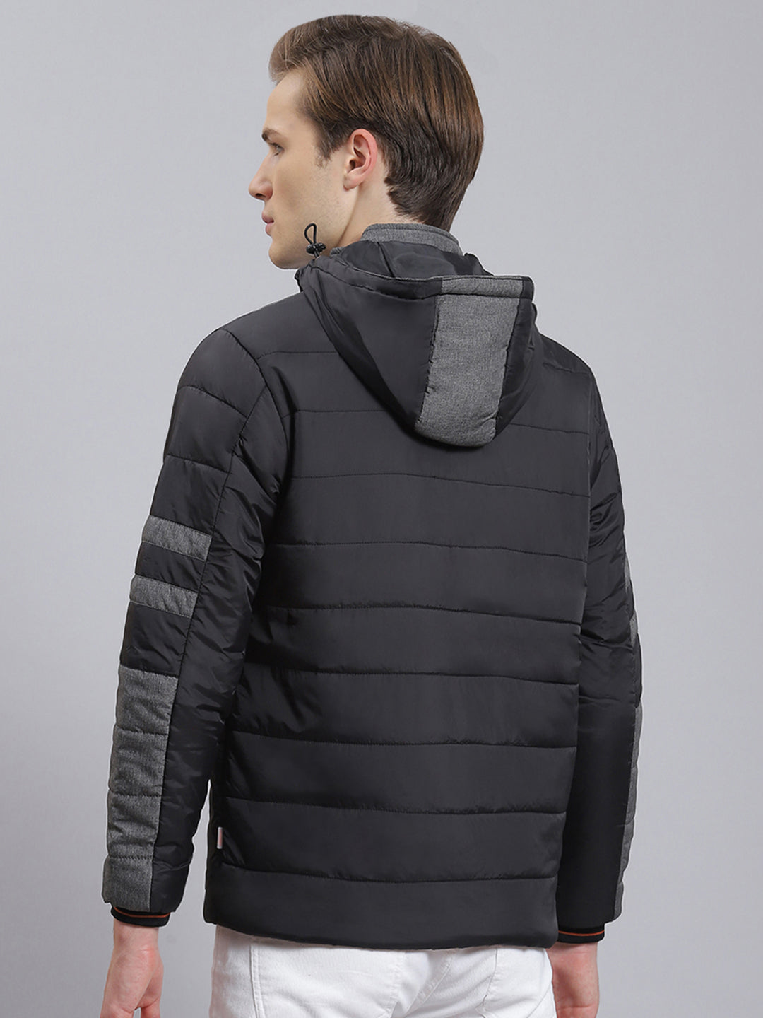 Men Grey Solid Hooded Full Sleeve Jacket