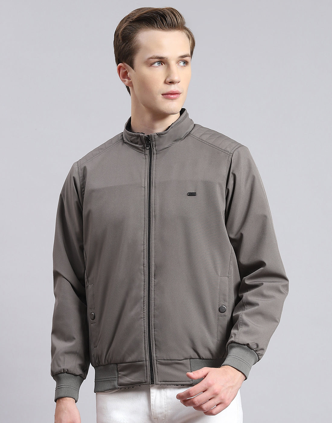Men Grey Solid Stand Collar Full Sleeve Jacket