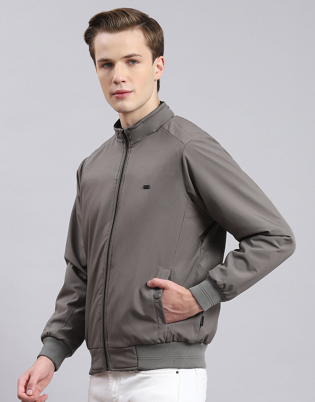 Men Grey Solid Stand Collar Full Sleeve Jacket