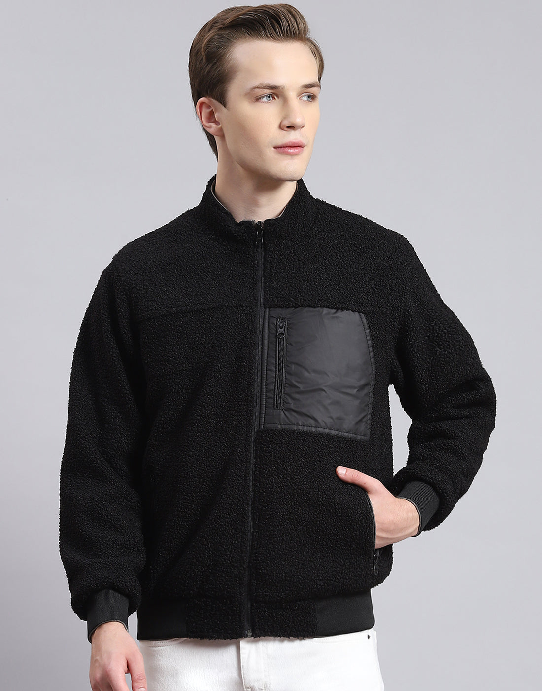 Men Grey Solid Stand Collar Full Sleeve Jacket