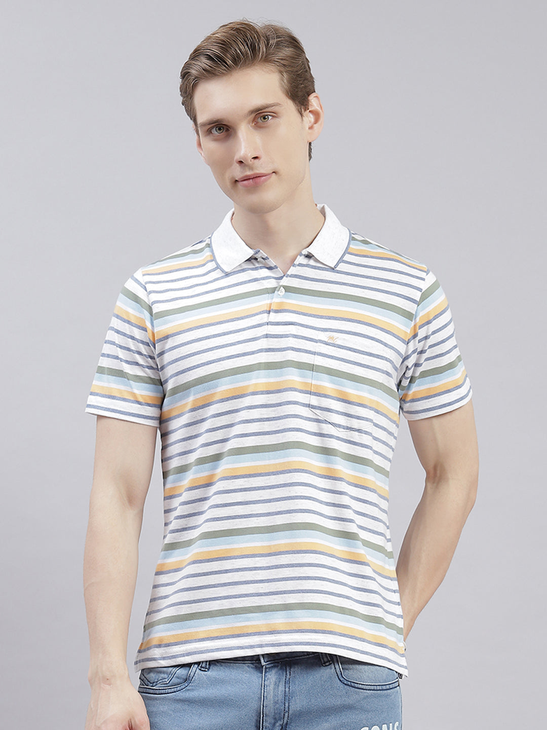 Men Off White Stripe Collar Half Sleeve T-Shirts