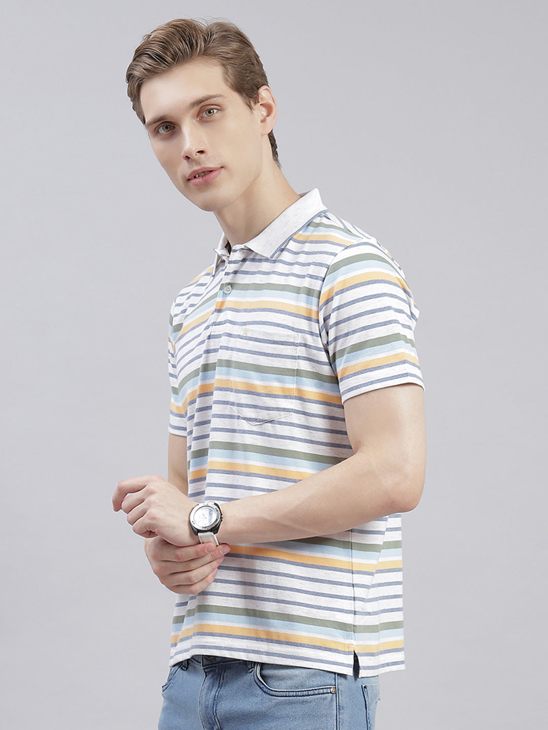 Men Off White Stripe Collar Half Sleeve T-Shirts