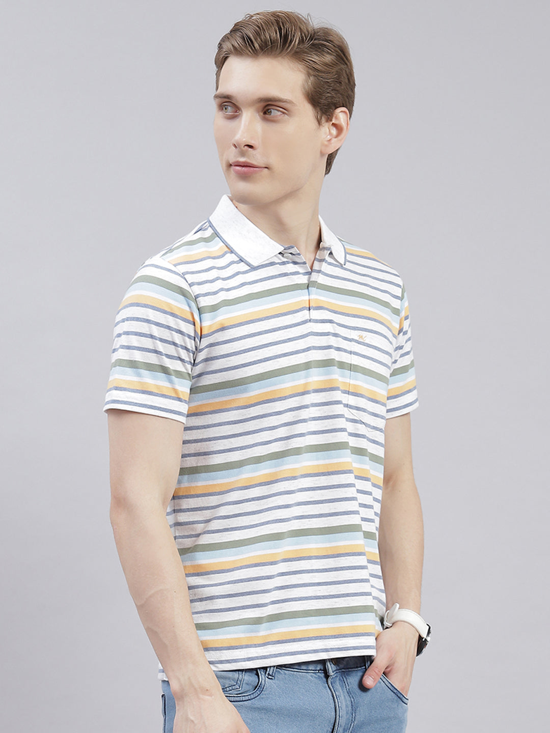 Men Off White Stripe Collar Half Sleeve T-Shirts