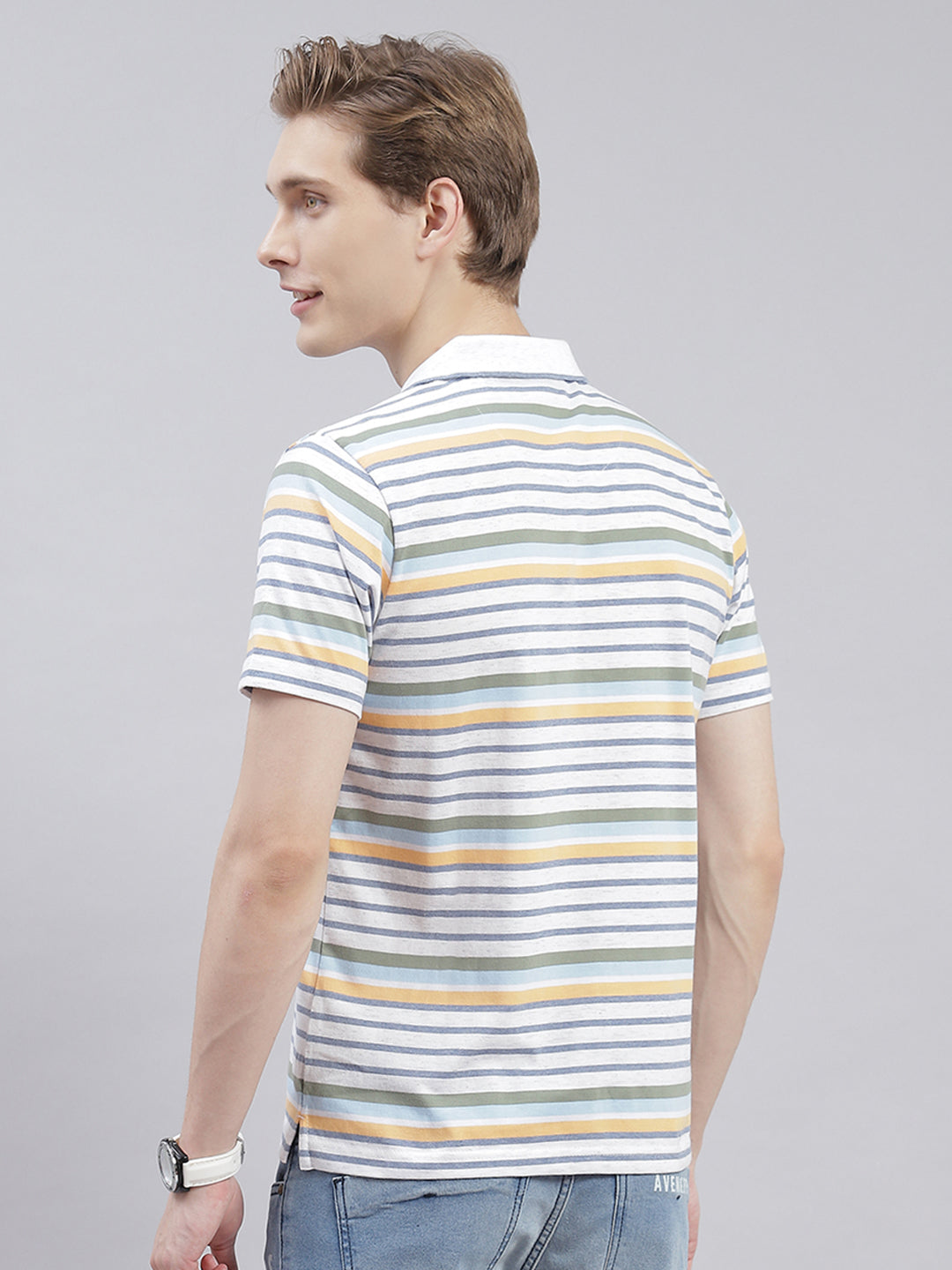 Men Off White Stripe Collar Half Sleeve T-Shirts
