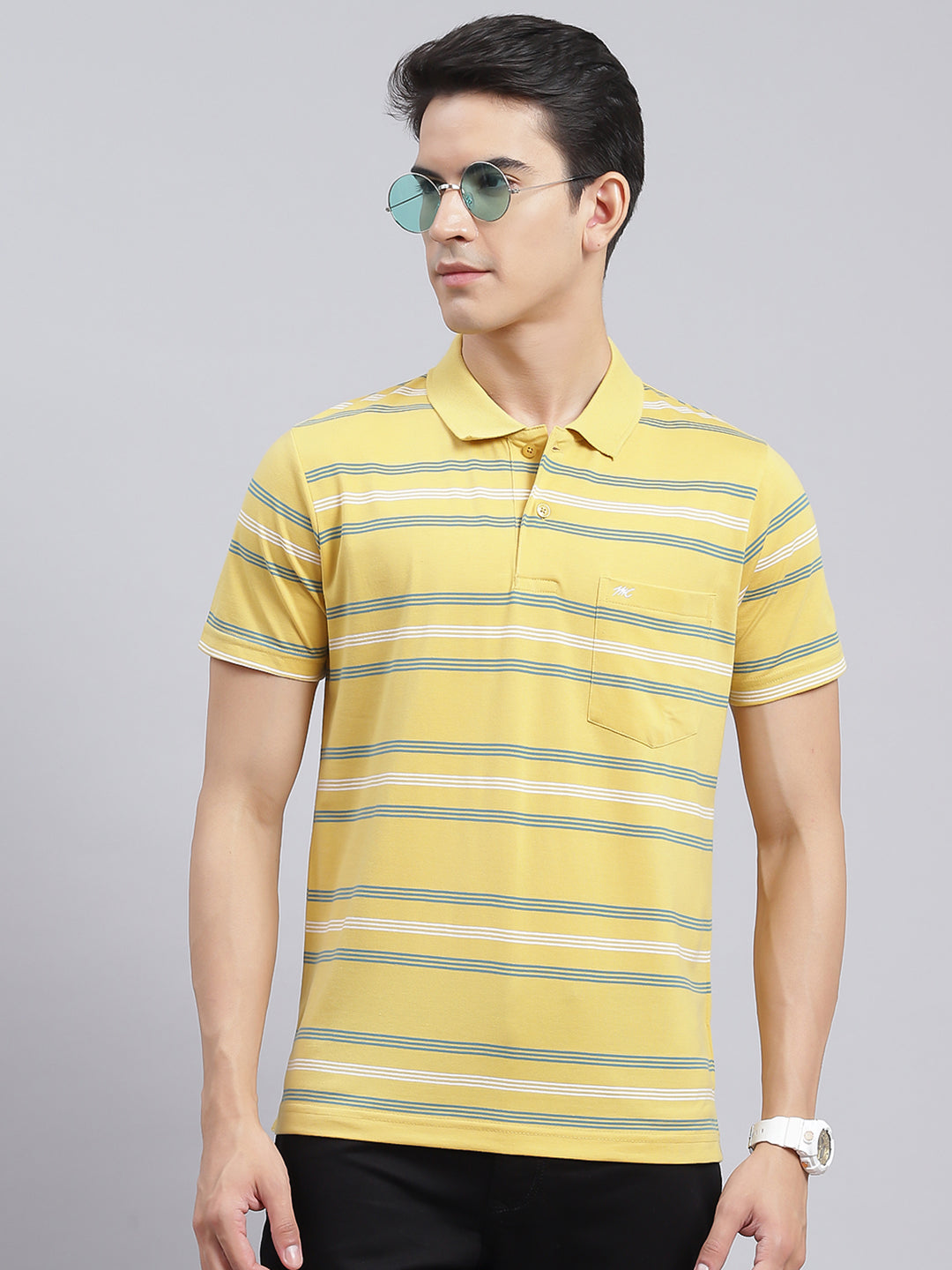 Men Yellow Stripe Cotton Blend T-Shirt