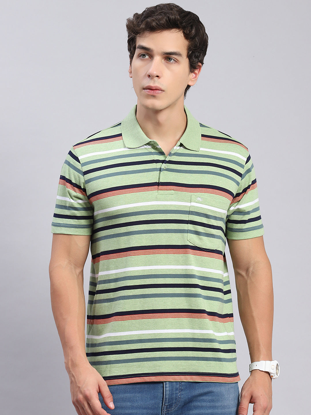 Men Green Stripe Collar Half Sleeve T-Shirts