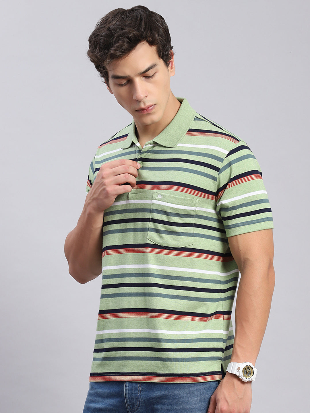 Men Green Stripe Collar Half Sleeve T-Shirts