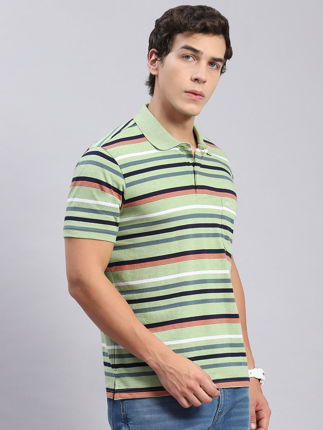 Men Green Stripe Collar Half Sleeve T-Shirts