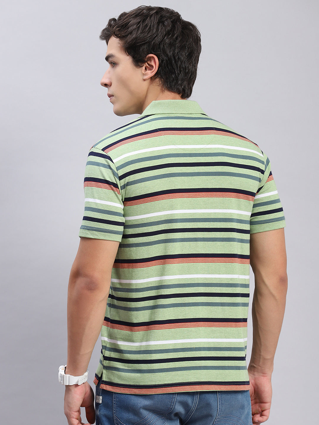 Men Green Stripe Collar Half Sleeve T-Shirts