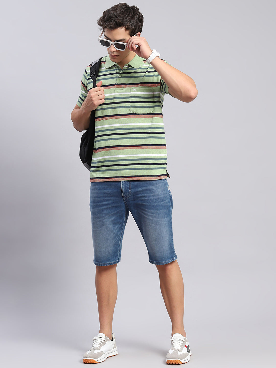 Men Green Stripe Collar Half Sleeve T-Shirts