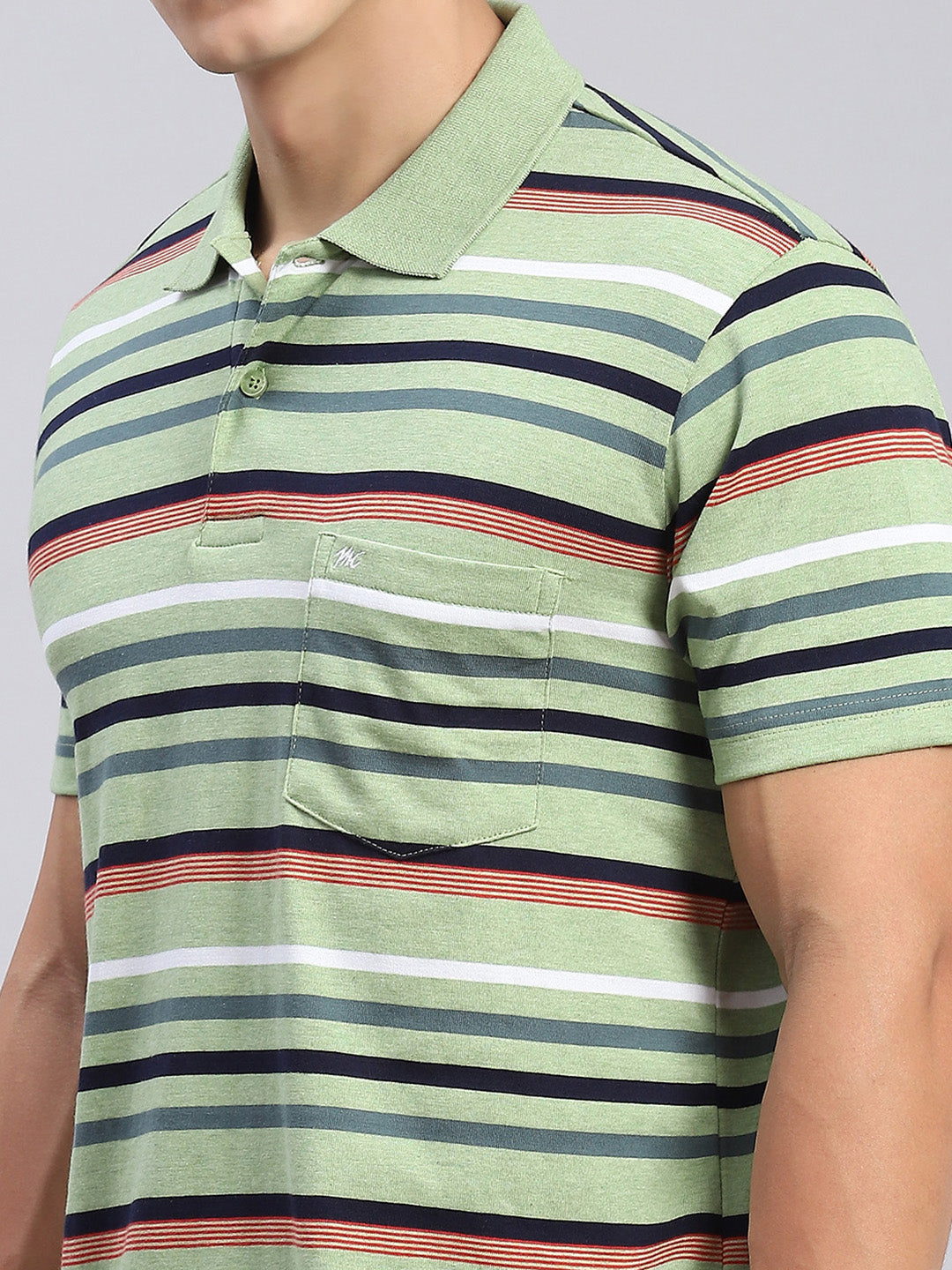 Men Green Stripe Collar Half Sleeve T-Shirts