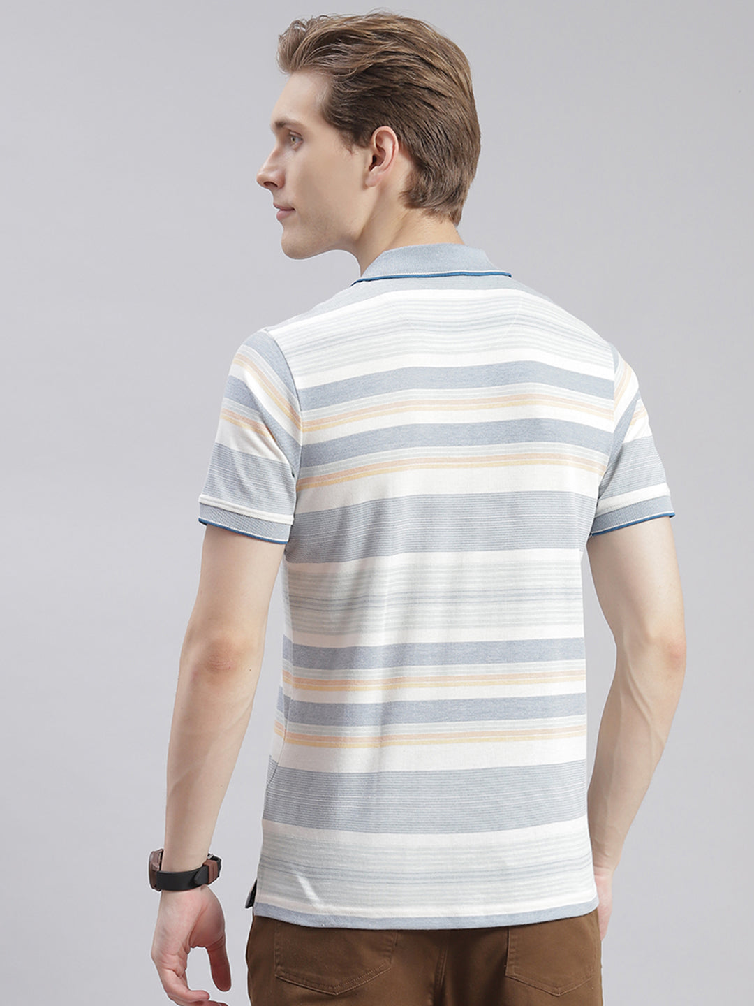 Men Off White Stripe Collar Half Sleeve T-Shirts