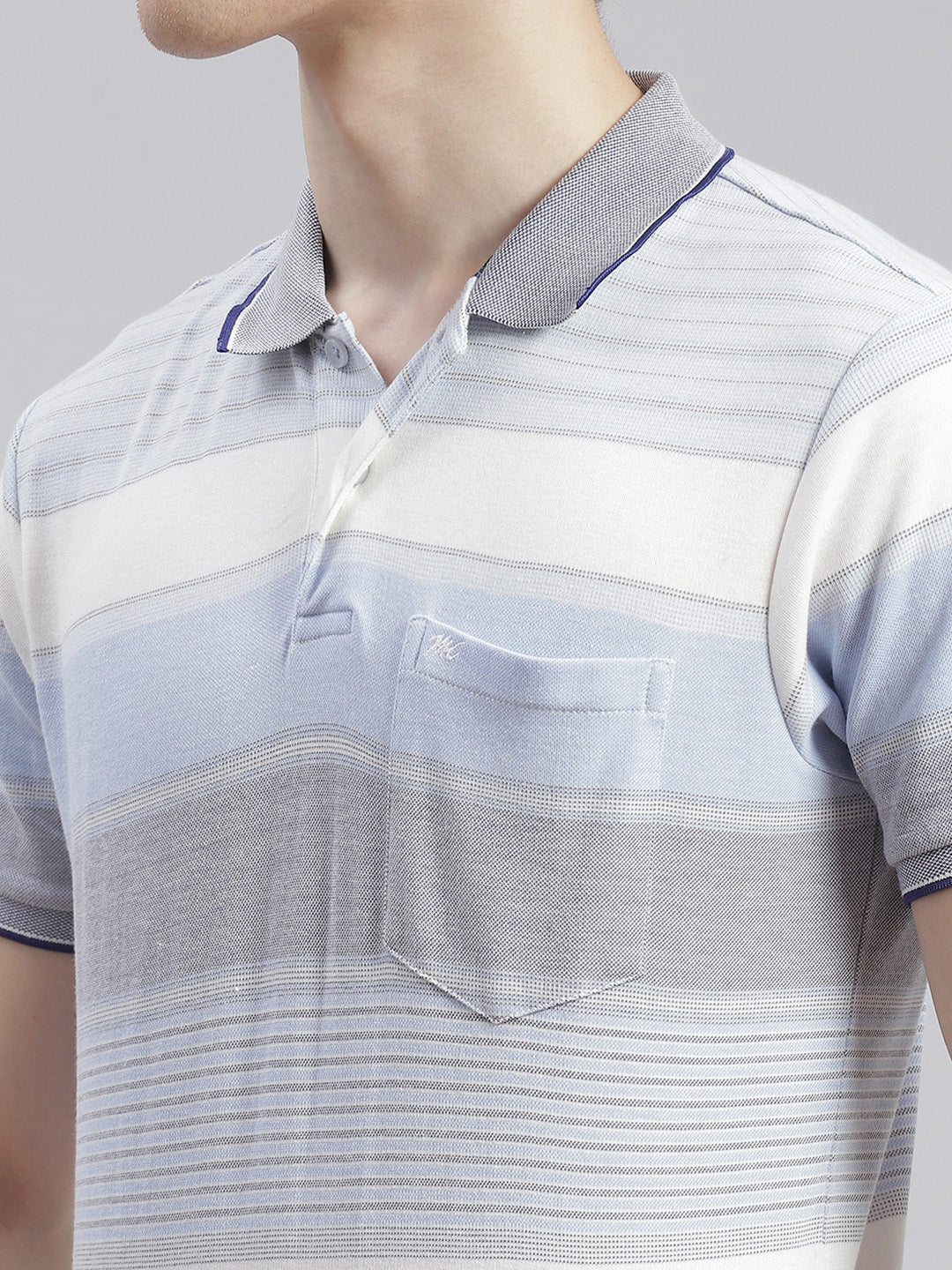 Men Blue Stripe Collar Half Sleeve T-Shirts