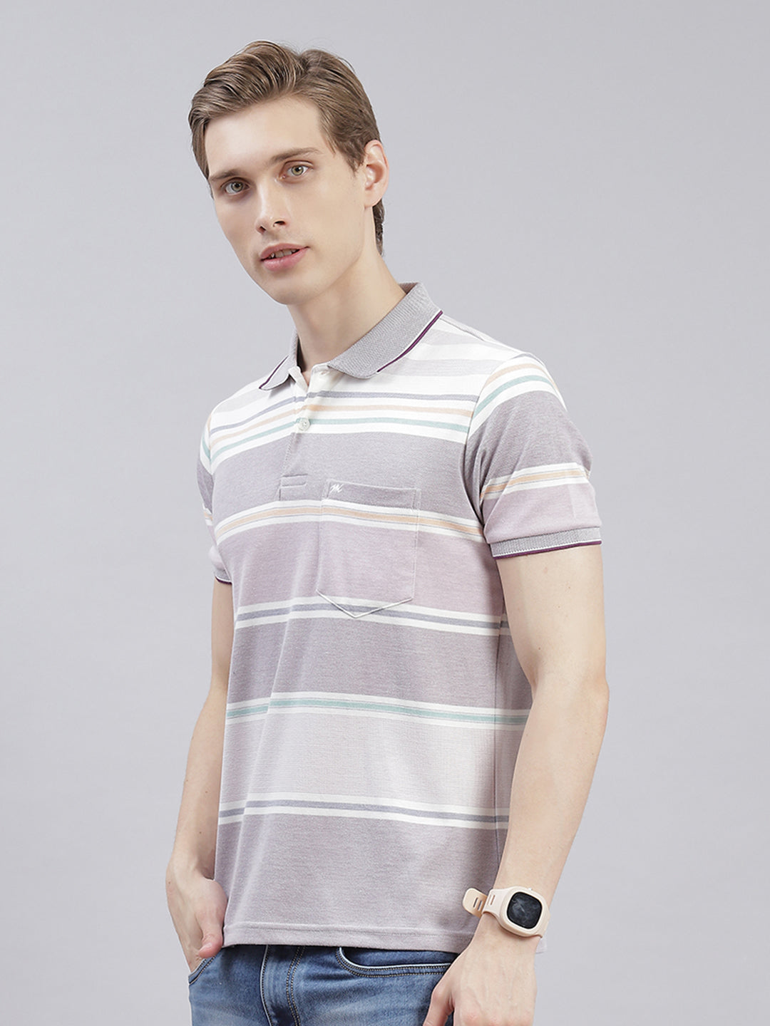 Men Purple Stripe Collar Half Sleeve T-Shirts