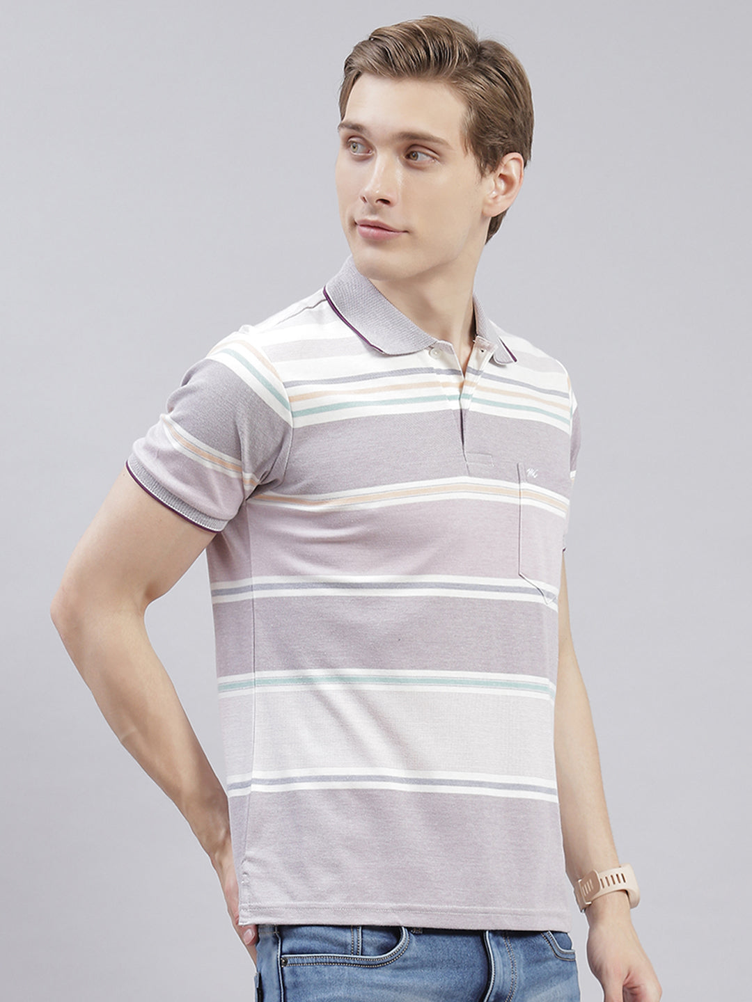 Men Purple Stripe Collar Half Sleeve T-Shirts