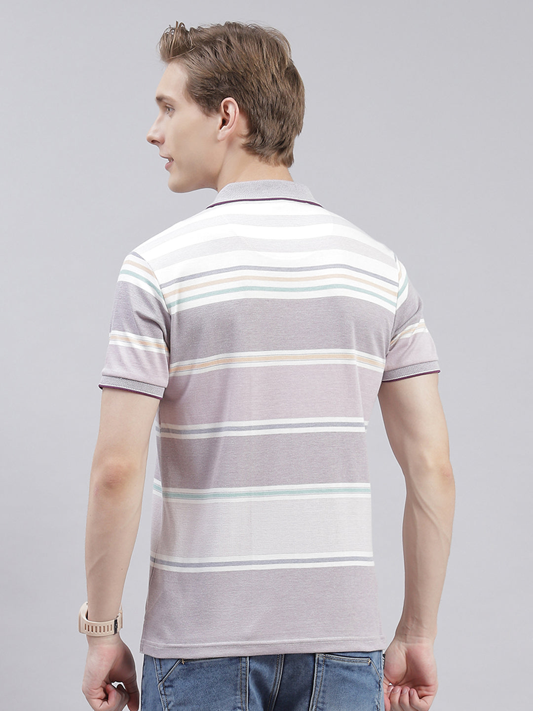 Men Purple Stripe Collar Half Sleeve T-Shirts