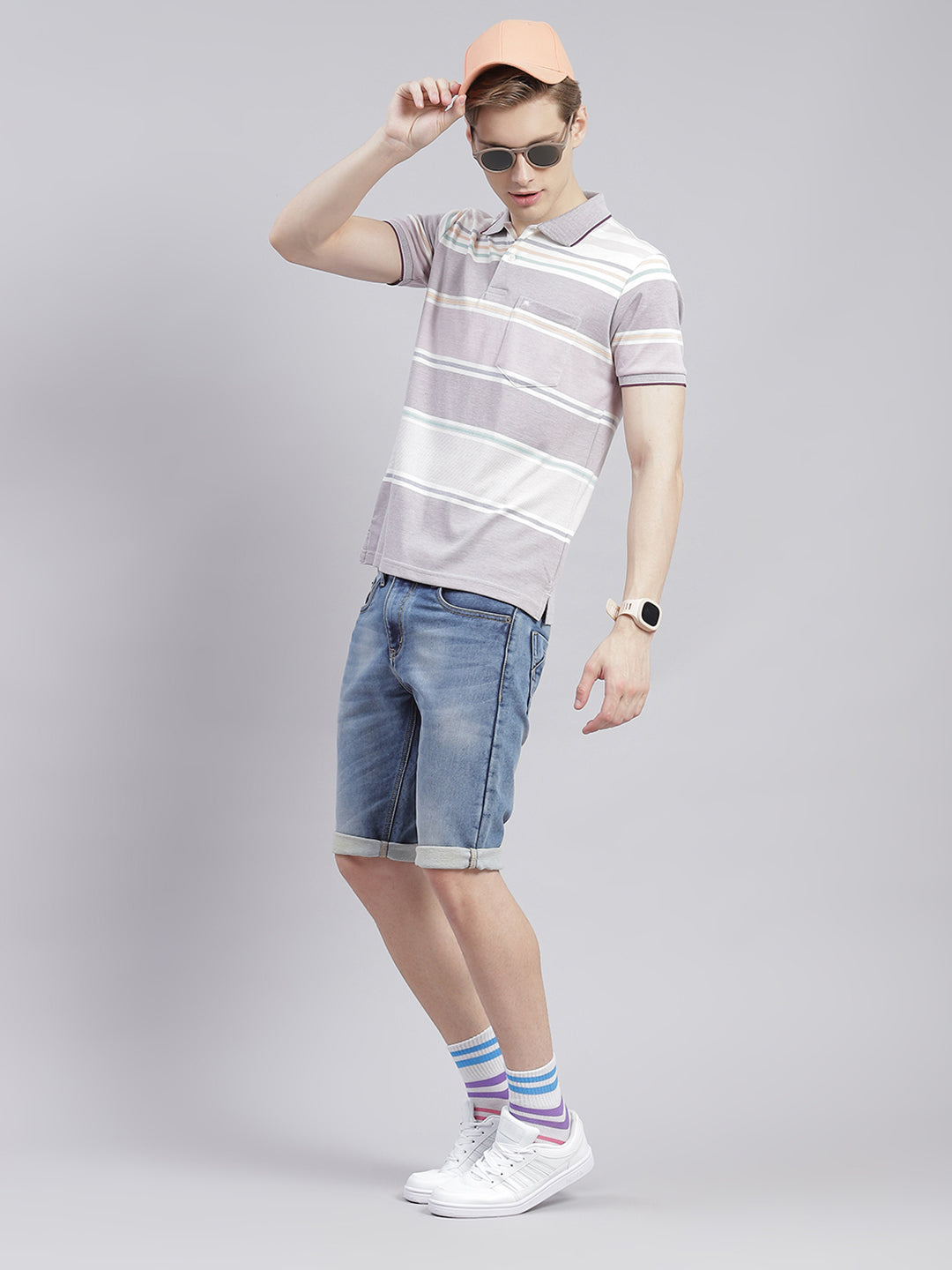 Men Purple Stripe Collar Half Sleeve T-Shirts