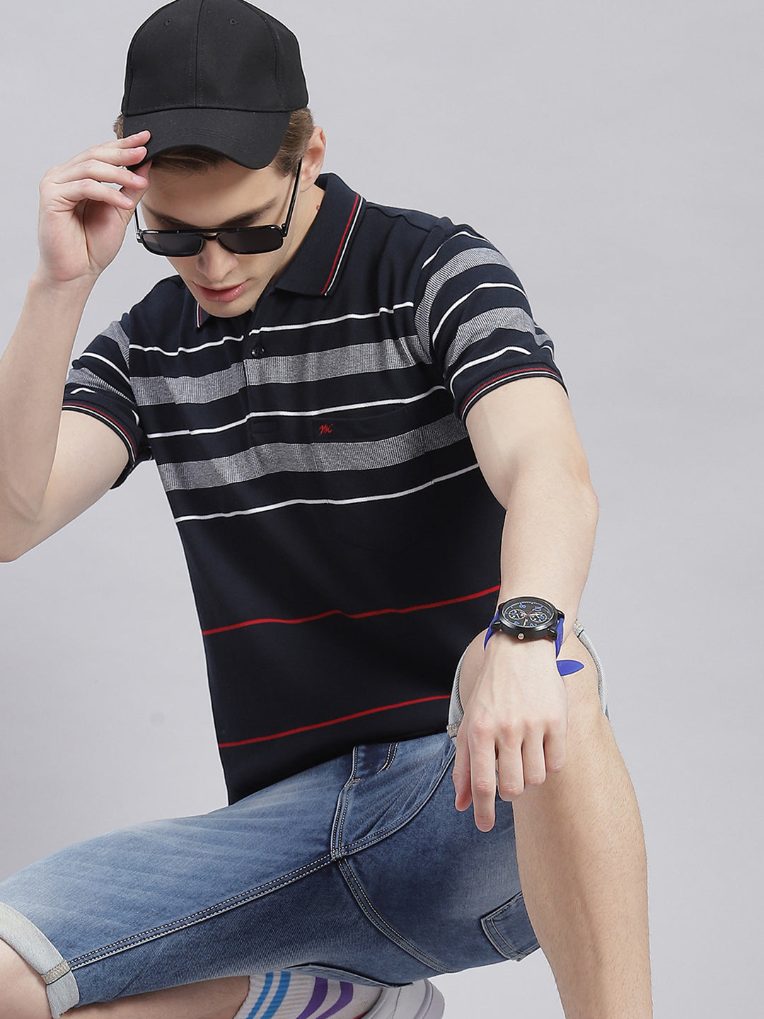 Men Navy Blue Stripe Collar Half Sleeve T-Shirts