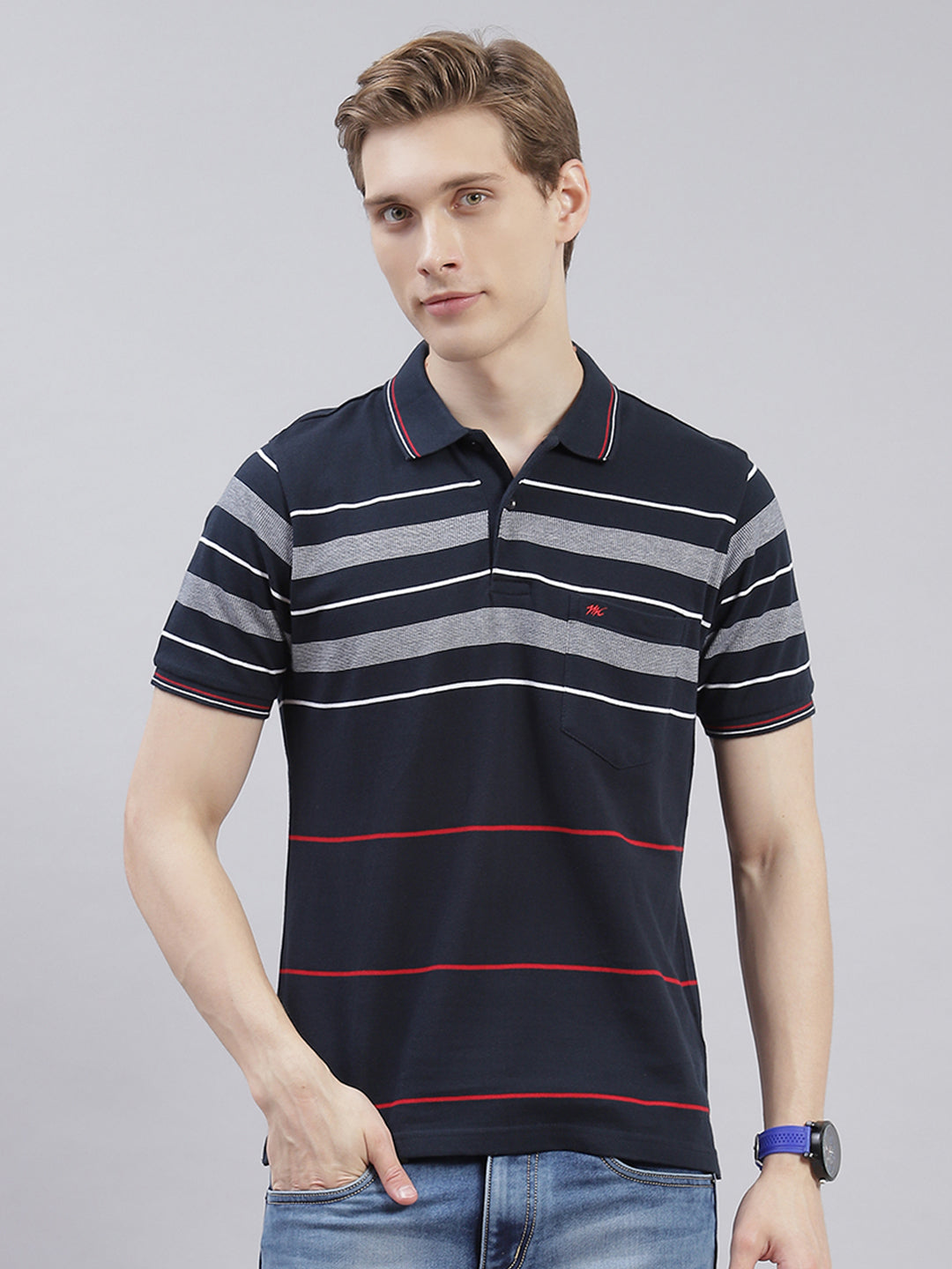 Men Navy Blue Stripe Collar Half Sleeve T-Shirts