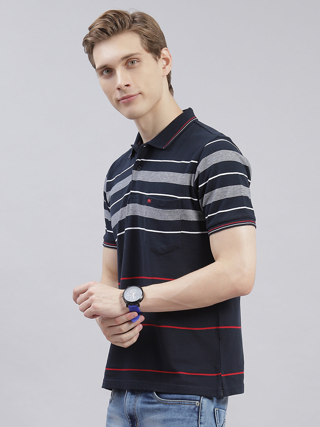 Men Navy Blue Stripe Collar Half Sleeve T-Shirts